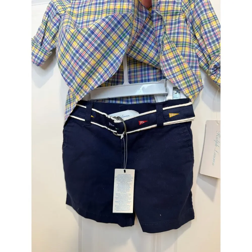 NEW Polo Ralph Lauren Boys 6 Month Set with Belt Button down shirt shorts